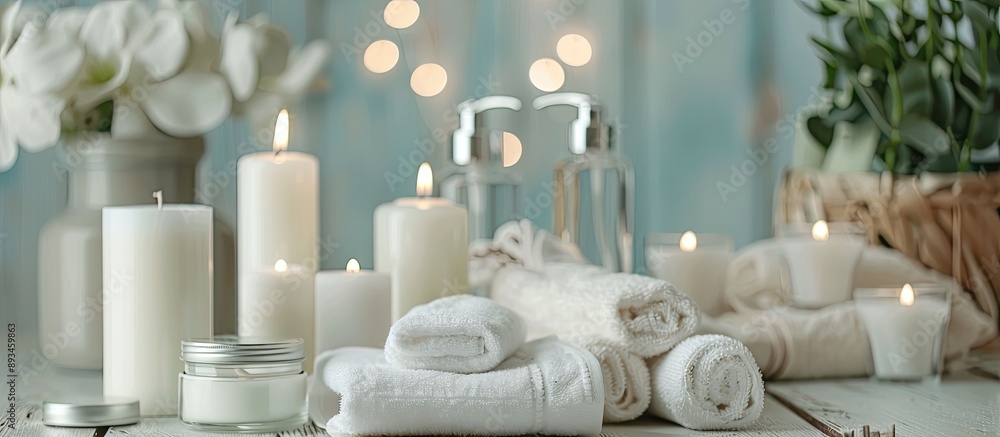 Aufkleber items for a calming spa ambiance such as candles wipes and bottles placed near the copy space image