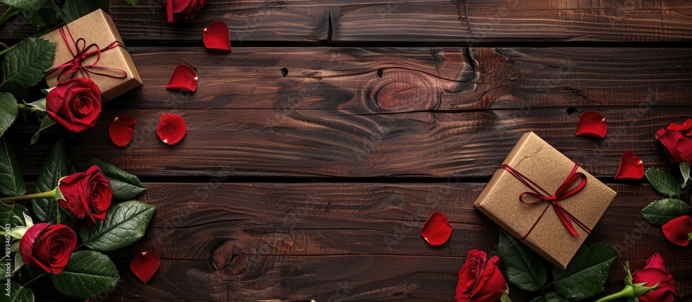 Poster valentine s day themed greeting card featuring red roses a gift box and a wooden table designed with