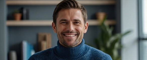 Handsome successful male entrepreneur in blue high neck sweater, rubbing hands and smiling joyfully, feeling deal bring money, suggest customer buy his product, talking with business partners