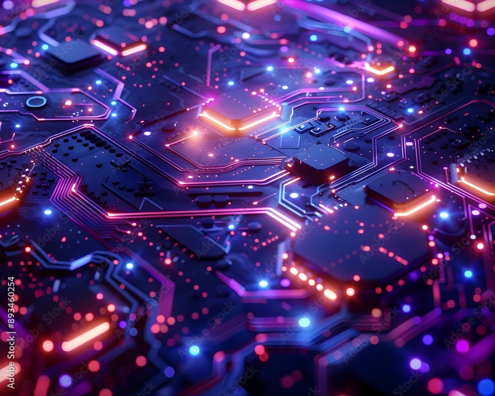 Poster glowing neon cybernetic patterns and futuristic technological textures digital background