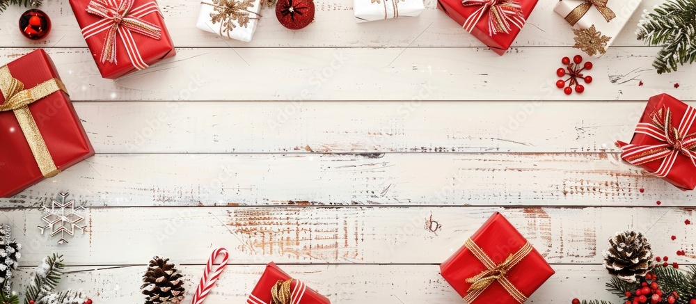 Aufkleber A festive flat lay border featuring Christmas presents in red boxes arranged on a white wooden table with a blurred background for a copy space image