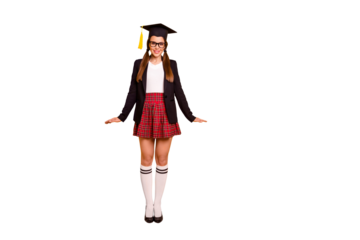 Full length body size view photo charming youth people posing eyewear eyeglasses pigtail ponytail knee-socks grad red skirt checked plaid long black jacket isolated yellow background