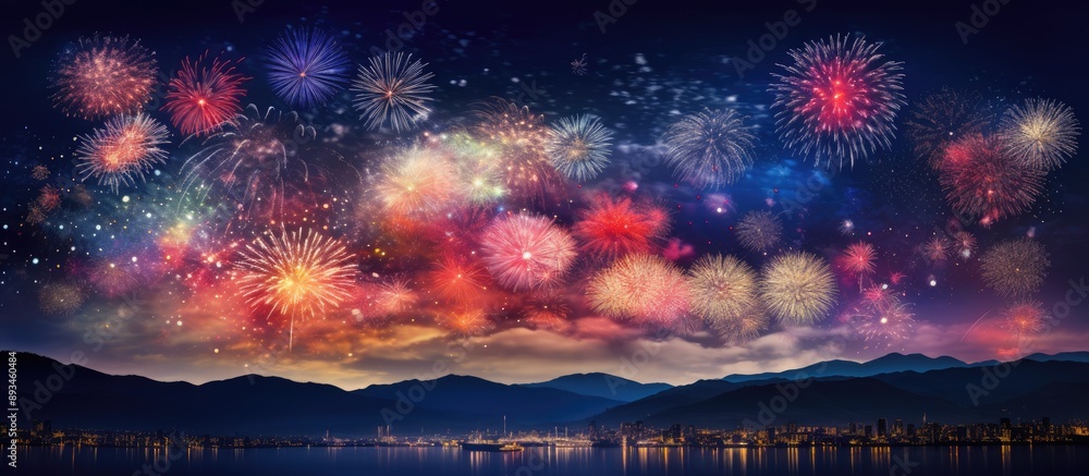 Poster the night sky dazzles with fireworks, creating a stunning display with vibrant colors and shapes, id