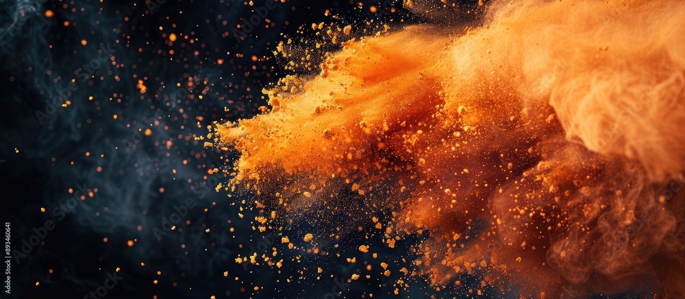 Poster an expansive brush splashes orange powder onto a dark backdrop creating a copy space image.