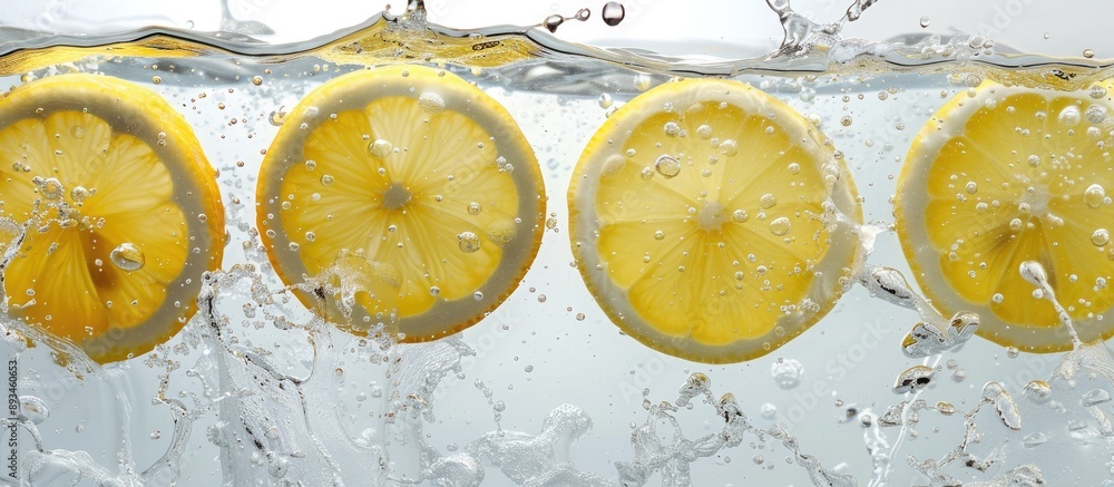 Fototapete lemon slices falling into water with splashes in a side view angle, perfect for a copy space image.