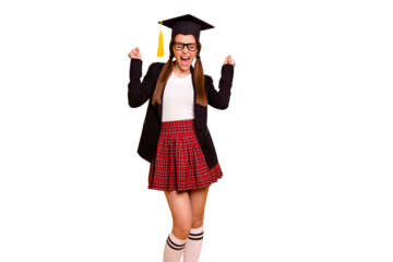 Portrait of cute lovely lady raise fists close eyes scream yeah ecstat0ic crazy eyewear eyeglasses red skirt checked plaid long tails beautiful grad black jacket isolated yellow background