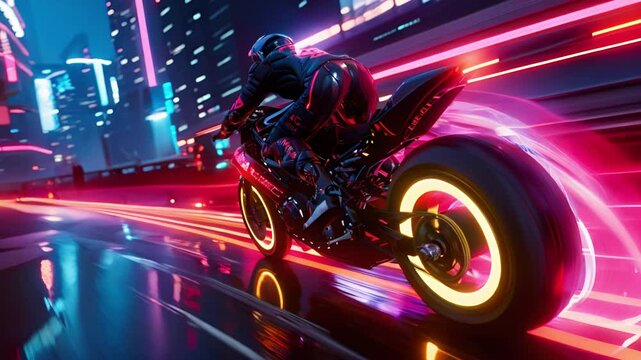Futuristic Motorcycle Rider in Neon City