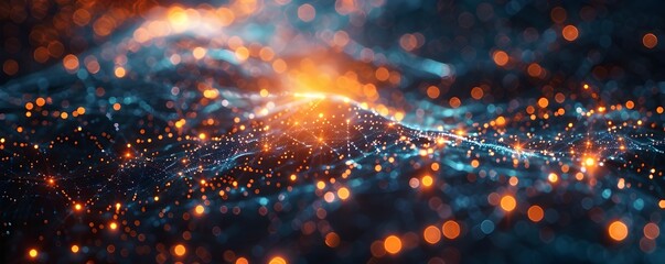 Fototapeta premium Glowing Cybernetic Network with Interconnected Nodes and Data Streams in Futuristic Cyber Background Concept