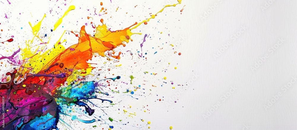 Poster Colorful abstract splatters displayed on a white backdrop with copy space image.