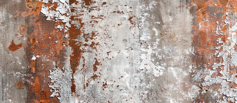 Poster long panoramic banner background featuring rusty white light-grunge metal texture with ample copy sp