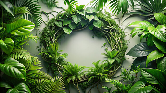 Vibrant green vines circularly intertwined on a tropical jungle-inspired backdrop with exotic patterns, surrounded by clean white space, evoking harmony and natural beauty.