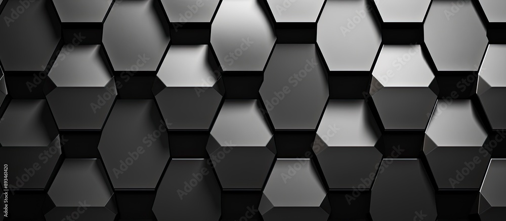 Poster close-up macro black background texture with a seamless silver or stainless steel hexagon pattern fo
