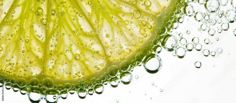 Poster Isolated lime slice with bubbles in a copy space image.