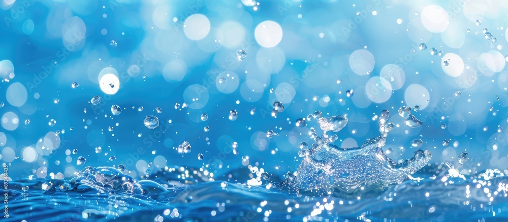 Poster water surface with splashes and bubbles, featuring a blurred blue background in sunlight, ideal for 