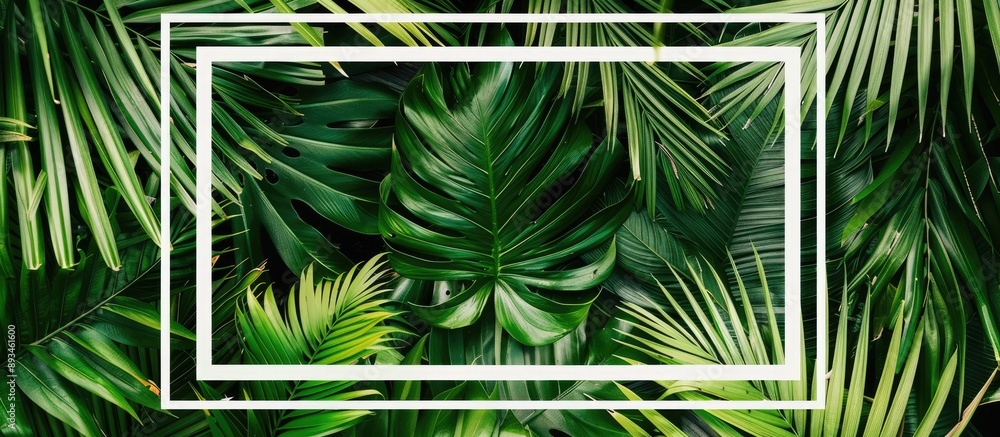 Poster Coconut tree background with a white frame, featuring soft green lighting for a banner template with a square coconut frame and copy space image.