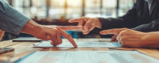 Hands pointing at a document on a desk, team explaining strategy, collaborative planning