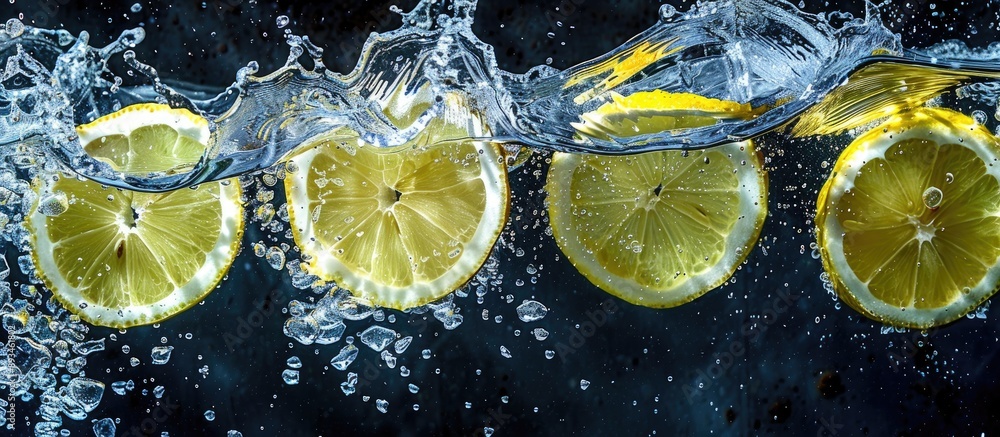 Poster Lemon slices falling into water with splashes in a side view angle, perfect for a copy space image.
