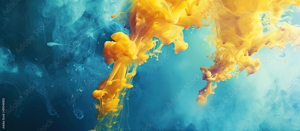 Fototapete blue abstract background with yellow paint flowing in a fantasy cloud resembling ink spreading in wa