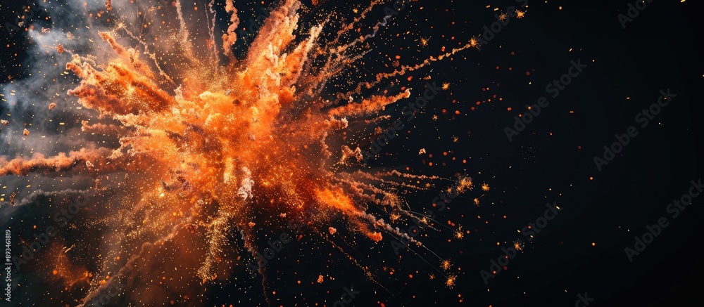 Poster a vibrant explosion resembling a bright firework with orange hues, scattered sparks, and smoke, set 
