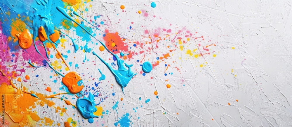 Poster Colorful abstract splatters displayed on a white backdrop with copy space image.