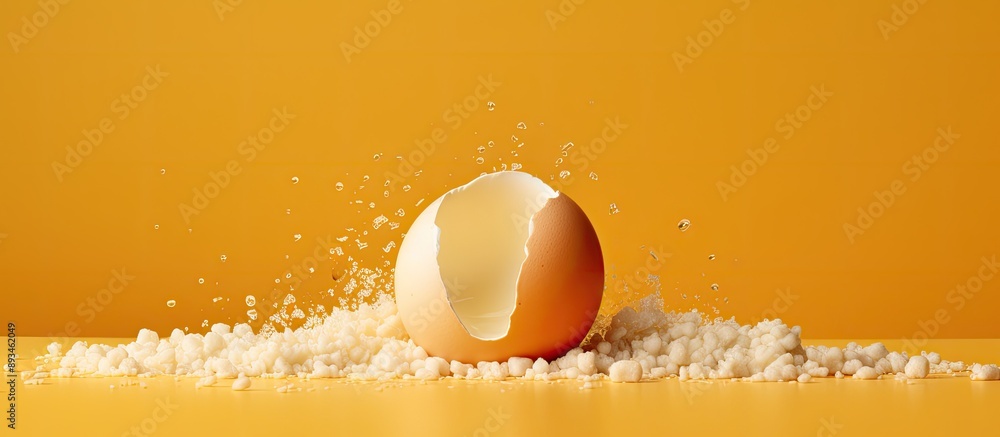 Poster Creating a cake with a dough ball and eggshell on a yellow background, providing a captivating copy space image.