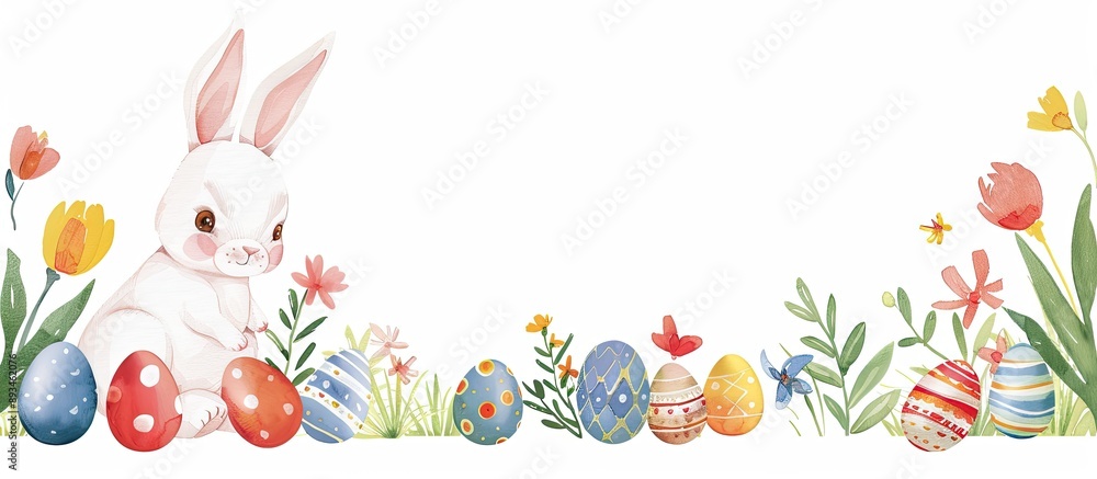 Poster Easter-themed blank card and envelope featuring a cute Easter bunny and colorful eggs in a charming design with copy space image.