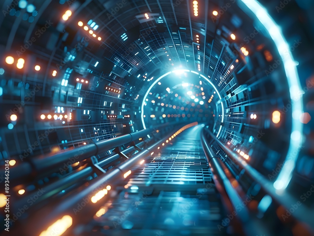 Wall mural glowing cyber tunnel with dynamic visual effects for futuristic digital background