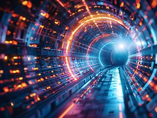 Obraz premium Glowing Cyber Tunnel with Dynamic Visual Effects Futuristic Technology Background Concept
