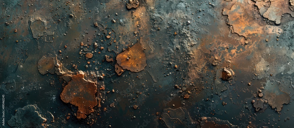 Poster decaying steel sheet with rust, flaking paint, and corrosion for background with copy space image.