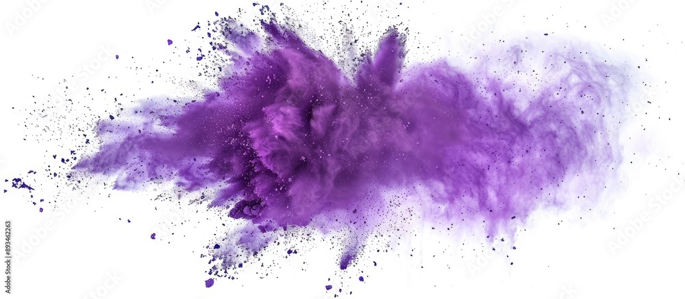 Poster Capture the dynamic explosion of purple color powder on a white background in a stunning copy space image.