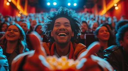 Joyful man with popcorn reaching out at the movies, capturing the fun of a cinema night out, Concept of shared laughter and entertainment