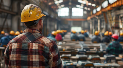 A worker in a yellow hard hat oversees colleagues in a busy industrial factory, emphasizing teamwork and safety.