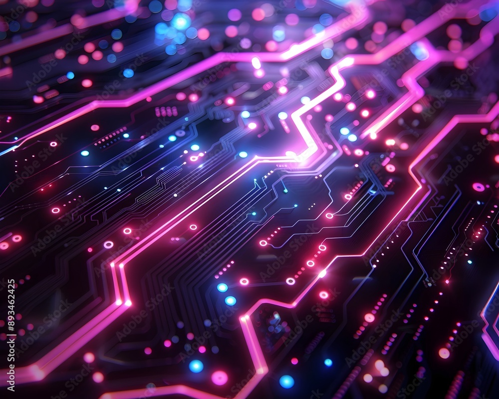 Poster glowing neon circuit patterns with dynamic cyber background visuals