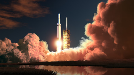 Heavy Rocket Night Launch. 3D Illustration.