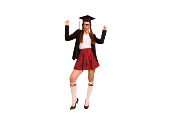 Full length body size view photo lady ecstatic raise fist scream close eye eyewear eyeglasses pigtail ponytail white pullover red skirt checked plaid long tails isolated yellow background black jacket