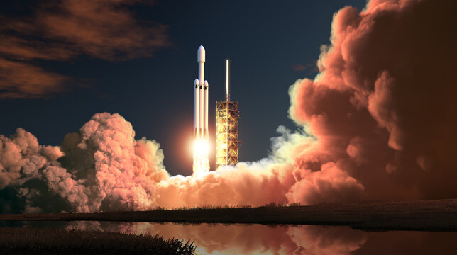 Heavy Rocket Night Launch. 3D Illustration. - Powered by Adobe