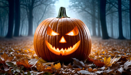 Jack-o-lantern with glowing face on forest floor. Pumpkin Halloween wallpaper.