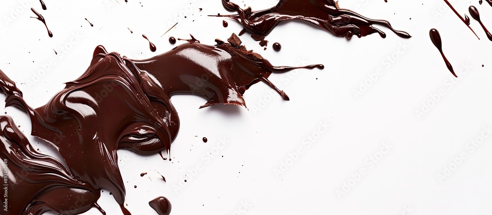 Poster close-up view of chocolate flowing on white background with copy space image.