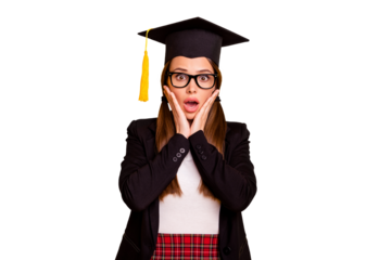 Portrait of astonished lady back school scream impressed white pullover tails red skirt modern black blazers jacket grad isolated yellow background