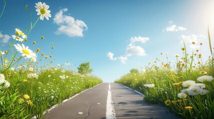 Fototapeta premium A winding road through a field of daisies, leading towards a bright blue sky with fluffy clouds.