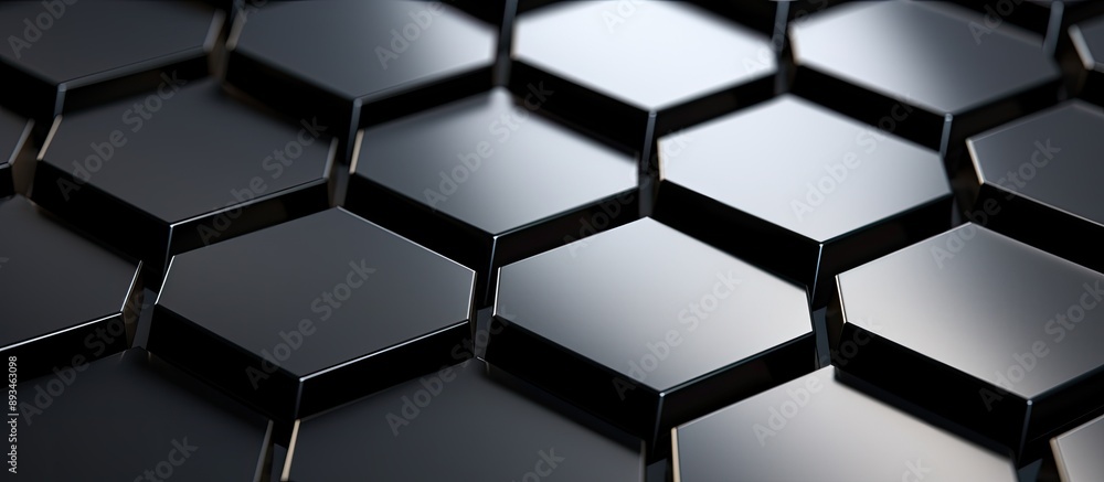 Poster close-up macro black background texture with a seamless silver or stainless steel hexagon pattern fo