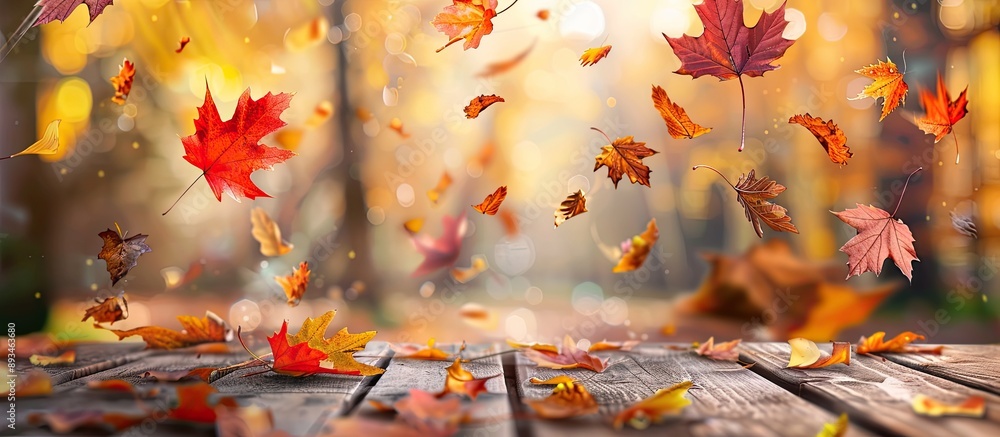 Poster autumn maple leaves on a wooden table create a falling leaves natural background with copy space ima
