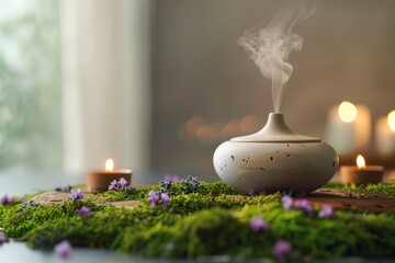 Diffuseur de vapeur sur mousse verte avec bougies