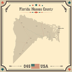Obraz premium Large and accurate map of Nassau County, Florida, USA with vintage colors.