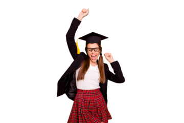 Portrait of delighted thrilled millennial cute youth raise fists scream yes yeah eyewear eyeglasses pullover checked plaid tails sweater isolated yellow background black jacket blazers