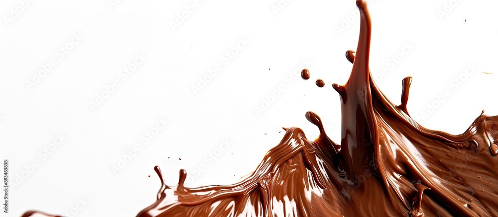 Poster Close-up view of chocolate flowing on white background with copy space image.