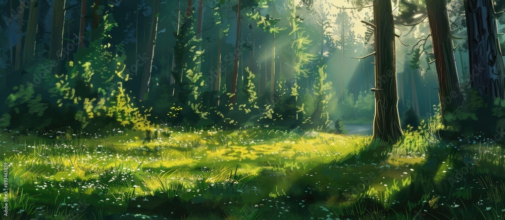 Poster Lush green grasses in a forest setting with tall pine trees, creating a serene backdrop.
