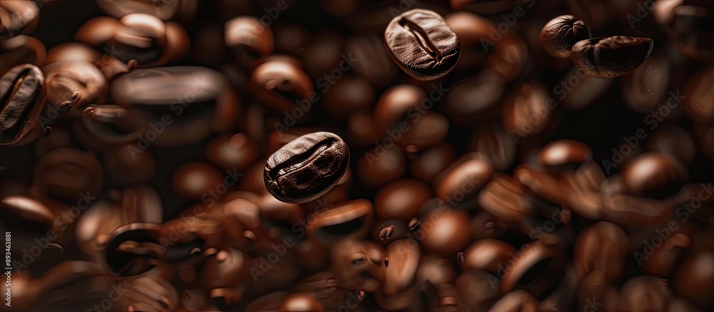 Aufkleber Coffee beans with a rich hue falling and spinning in close-up view, creating a captivating visual with copy space image.
