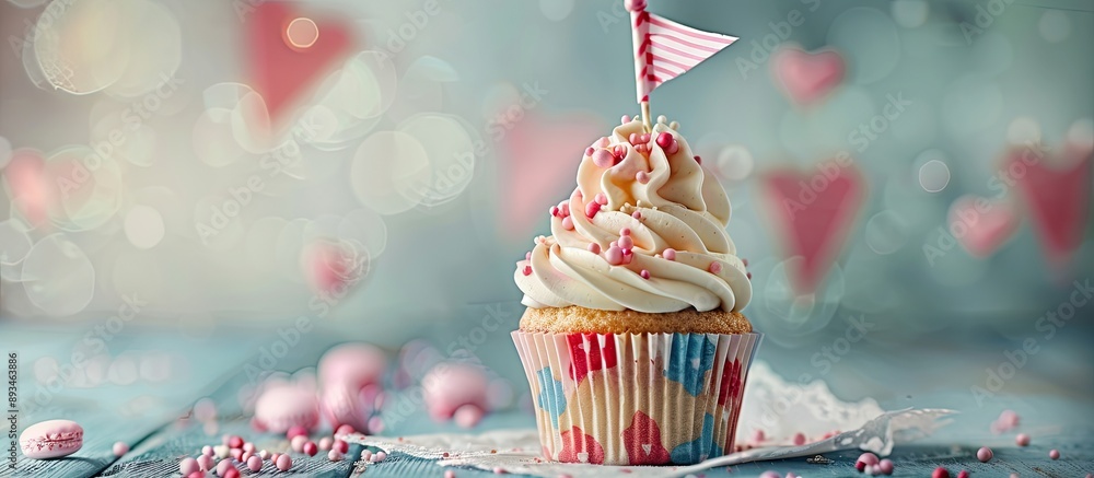 Poster A cupcake adorned with a decorative flag, creating an appealing visual with copy space image potential.