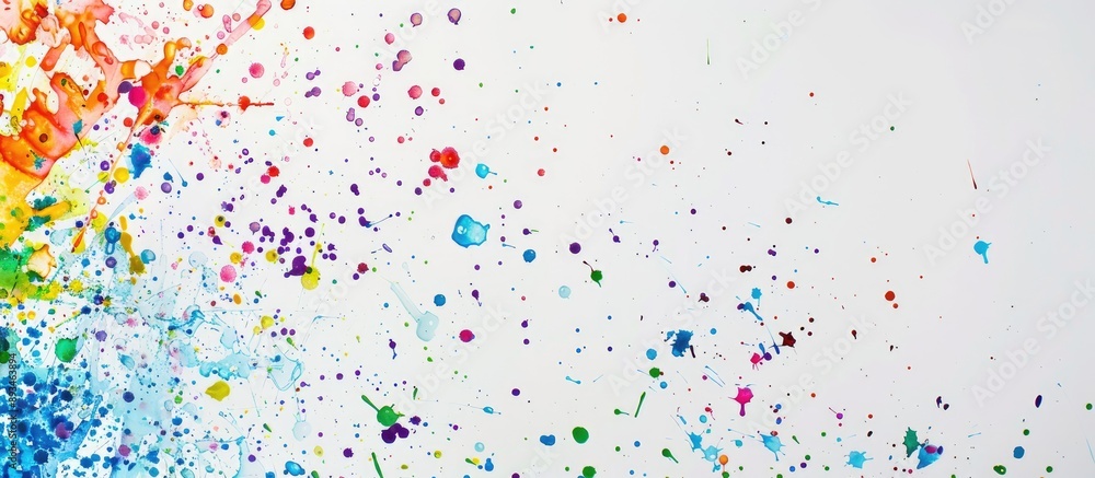 Poster Colorful abstract splatters displayed on a white backdrop with copy space image.